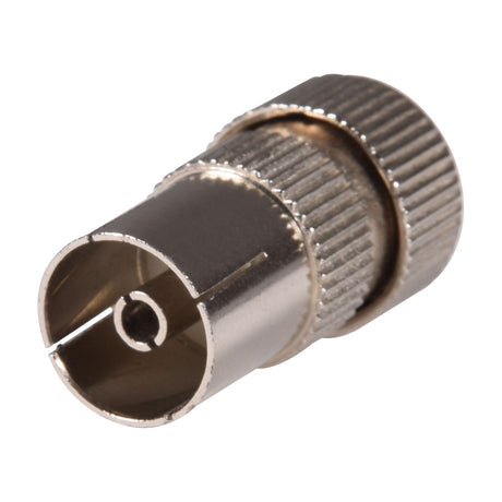 AV:Link precision coaxial socket in nickel-plated brass with knurled grip and female push-fit end, shown on a plain white background.