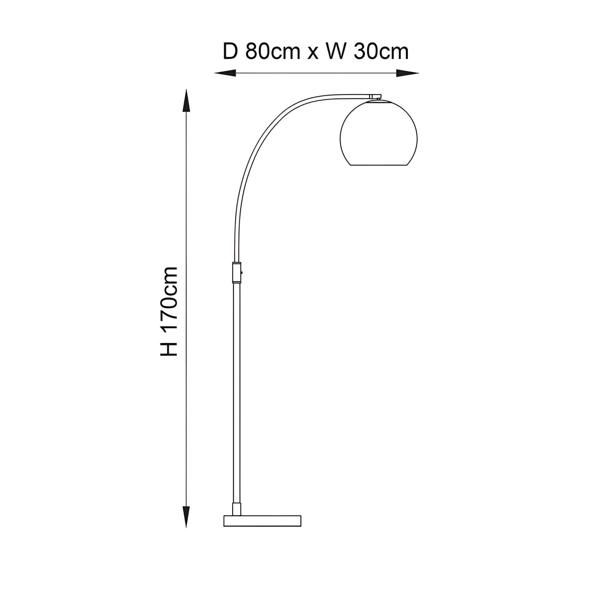 Dimension diagram of the Endon Sinclair floor lamp showing 1692mm height, 800mm depth and 300mm width with arched stem and globe shade.