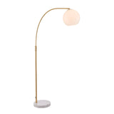 Endon Sinclair arc floor lamp with a brushed brass stem, gloss white glass globe shade and polished white marble base on a plain background.
