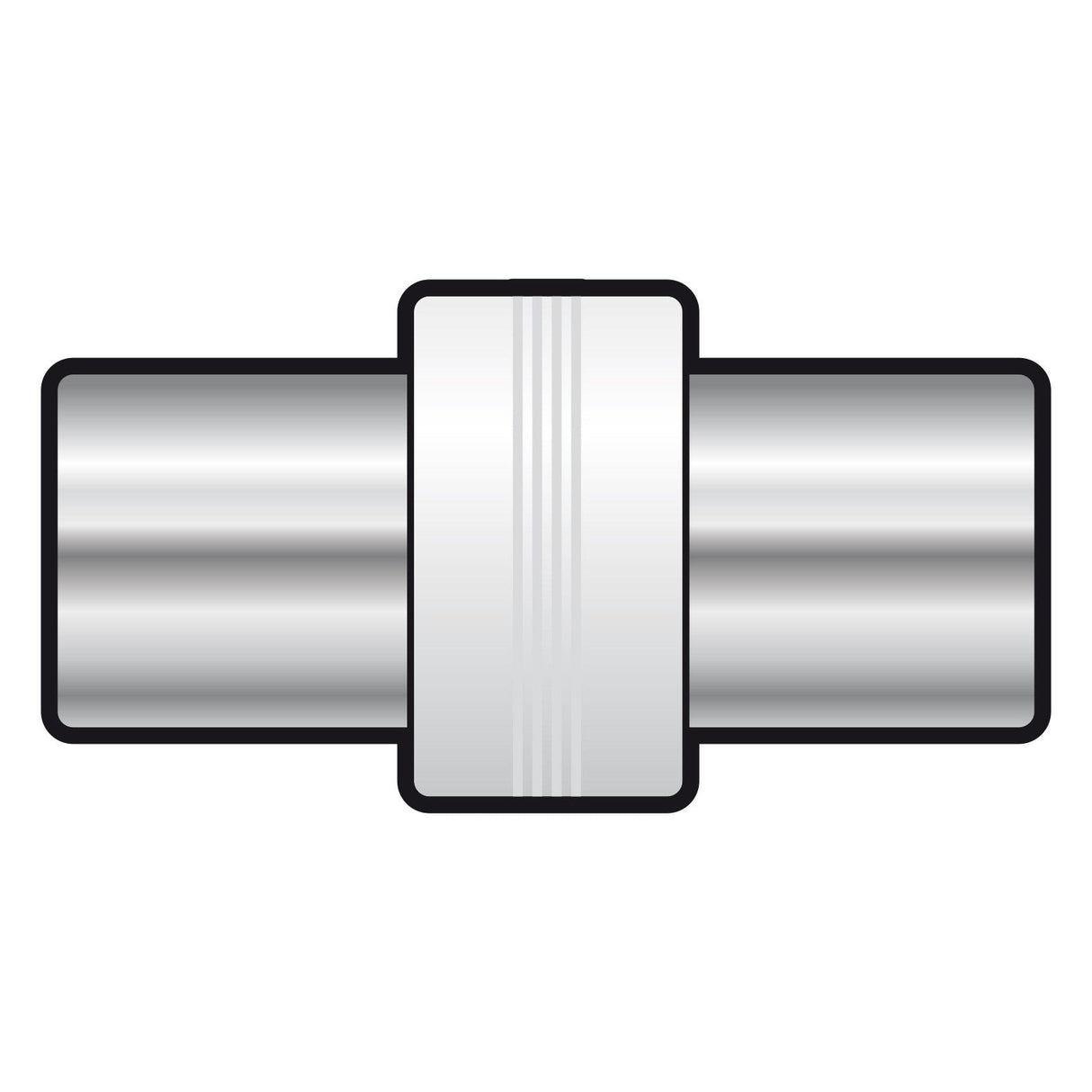 Illustration of the AV:Link Coupler Coaxial Plug to Coaxial Plug, featuring a metallic cylindrical design with a thick central band, shown on a plain white background.