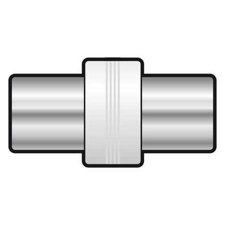 Illustration of the AV:Link Coupler Coaxial Plug to Coaxial Plug, featuring a metallic cylindrical design with a thick central band, shown on a plain white background.