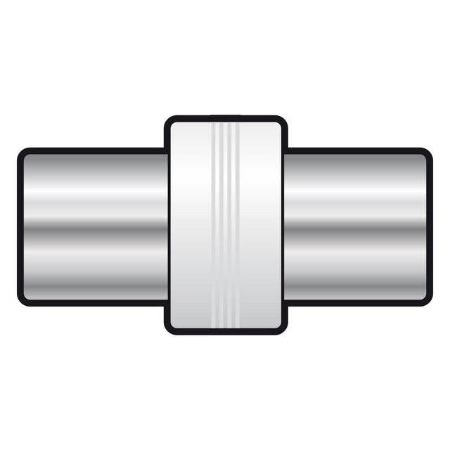 Illustration of the AV:Link Coupler Coaxial Plug to Coaxial Plug, featuring a metallic cylindrical design with a thick central band, shown on a plain white background.