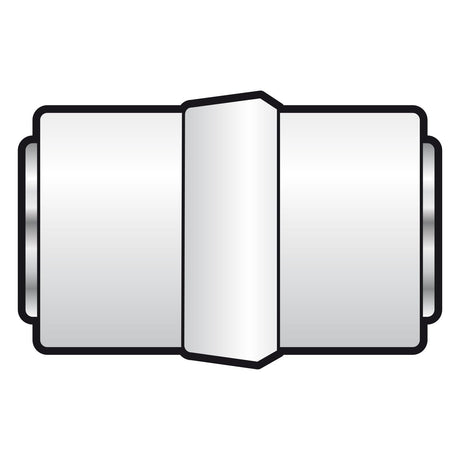 Illustration of the AV:Link Coupler Coaxial Female - Coaxial Female. It features a shiny silver surface with a central hexagonal section for easy gripping. The coupler is symmetrical, with two identical ends, ideal for seamlessly connecting TV signals.