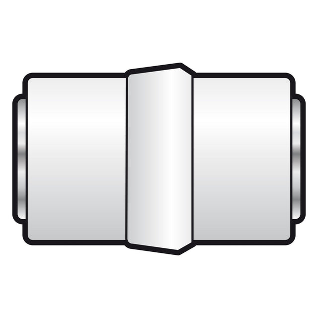 Illustration of the AV:Link Coupler Coaxial Female - Coaxial Female. It features a shiny silver surface with a central hexagonal section for easy gripping. The coupler is symmetrical, with two identical ends, ideal for seamlessly connecting TV signals.