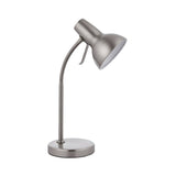 Endon Alderton table lamp in satin nickel steel with adjustable dome shade, flexible gooseneck stem and round base, shown on a plain white background.