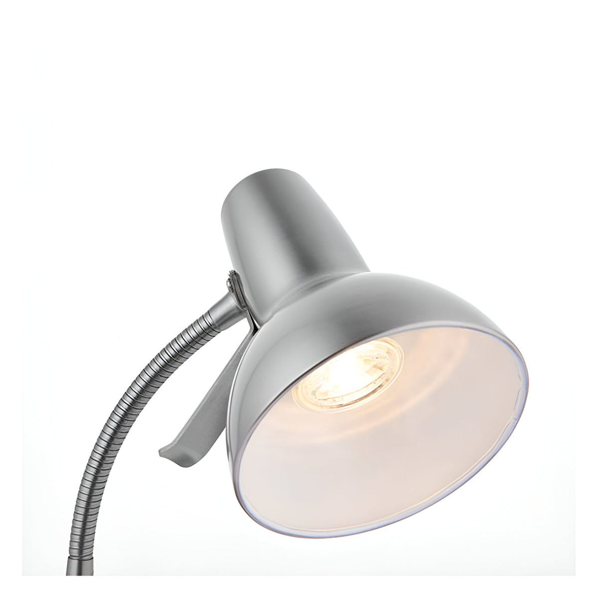 Close-up of the Endon Alderton table lamp in satin nickel, showing the illuminated GU10 domed head, directional handle and flexible steel stem.