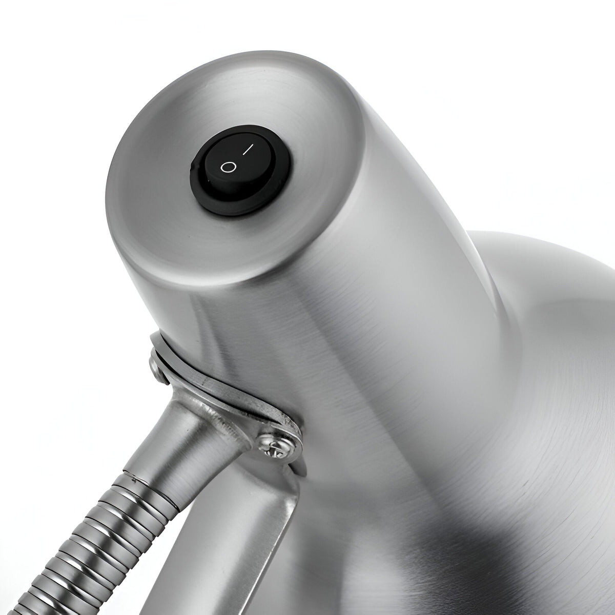 Close-up of the Endon Alderton table lamp head in satin nickel steel, showing the black rocker switch and flexible stem joint.