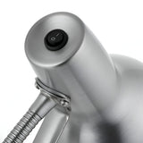 Close-up of the Endon Alderton table lamp head in satin nickel steel, showing the black rocker switch and flexible stem joint.