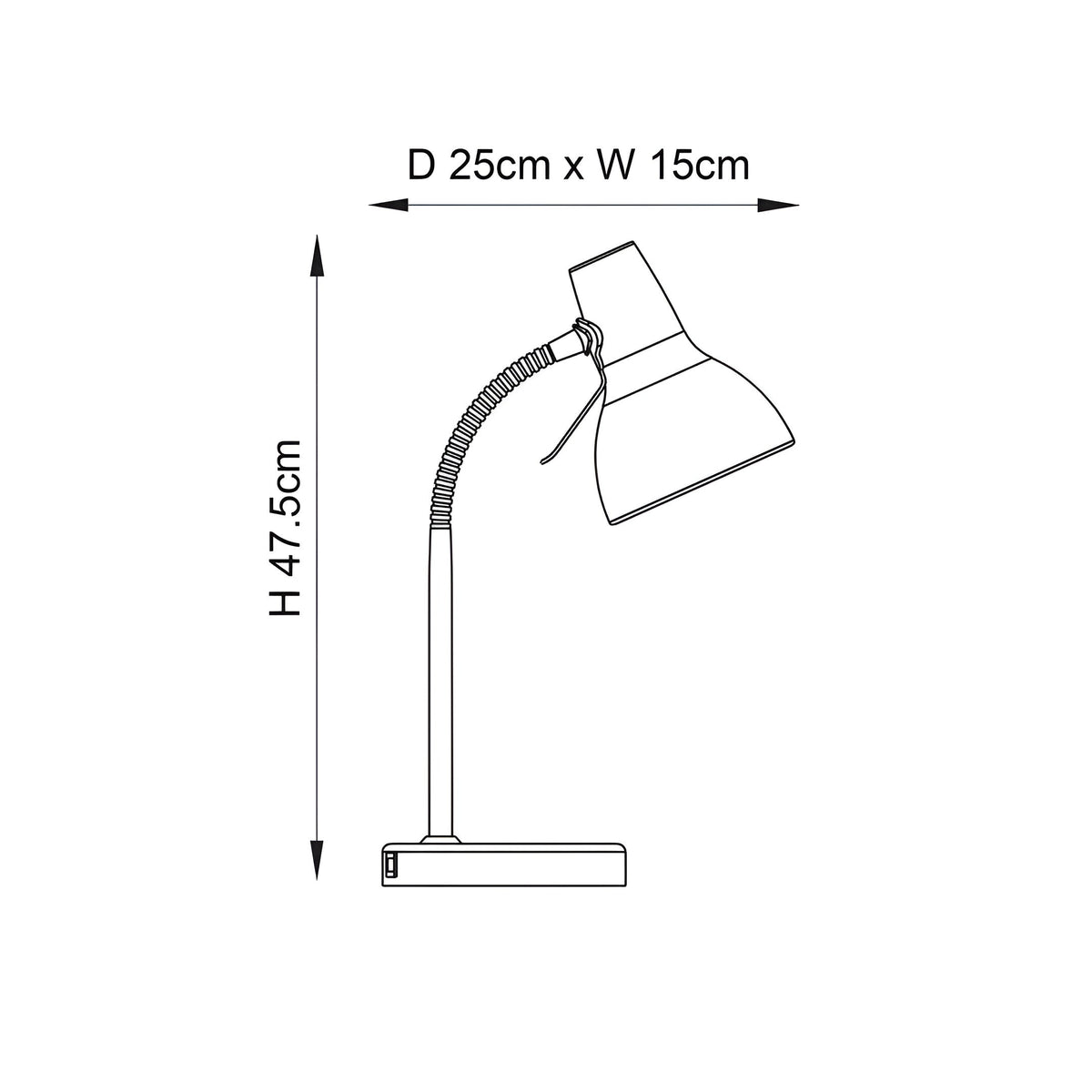 Dimension diagram of the Endon Alderton nickel table lamp showing height 47.5cm and shade depth 25cm by width 15cm with flexible stem.