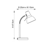 Dimension diagram of the Endon Alderton nickel table lamp showing height 47.5cm and shade depth 25cm by width 15cm with flexible stem.