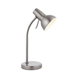 Endon Alderton table lamp in satin nickel with adjustable domed shade, flexible gooseneck stem and round weighted base, shown on a white background.