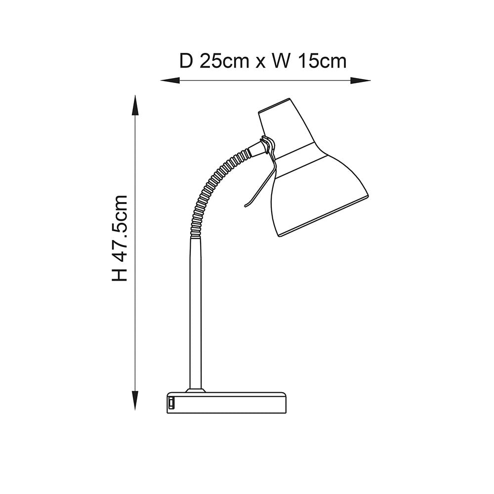 Dimensioned line drawing of the Endon Alderton table lamp showing flexible stem, adjustable head, and base, measuring 47.5cm high, 25cm deep, 15cm wide.