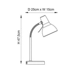 Dimensioned line drawing of the Endon Alderton table lamp showing flexible stem, adjustable head, and base, measuring 47.5cm high, 25cm deep, 15cm wide.