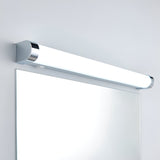 Endon Carlshaw large LED bathroom wall light with slim white ribbed diffuser and chrome ends, mounted above a rectangular mirror on a light wall.