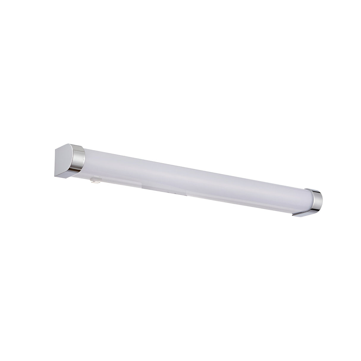 Endon Carlshaw large LED bathroom wall light with slim white ribbed diffuser and chrome end caps, shown on a plain white background.