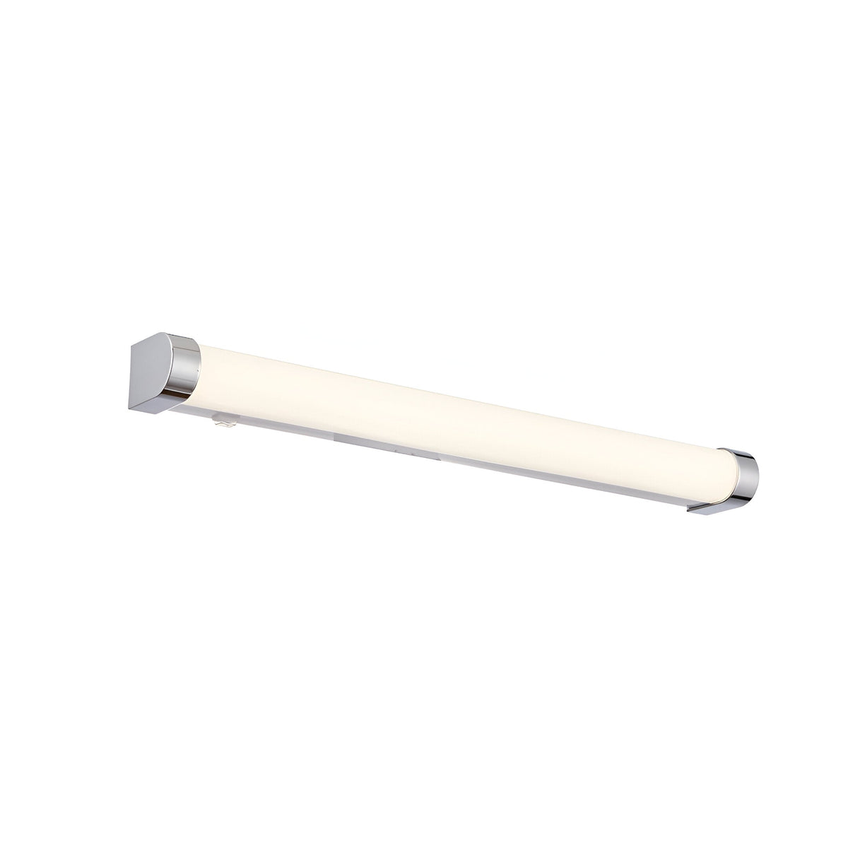 Endon Carlshaw large LED bathroom wall light with a slim white ribbed diffuser and chrome end caps, shown on a plain white background.