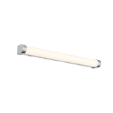 Endon Carlshaw large LED bathroom wall light with a slim white ribbed diffuser and chrome end caps, shown on a plain white background.
