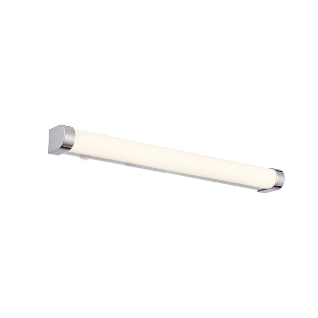 Endon Carlshaw large LED bathroom wall light with a slim white ribbed diffuser and chrome end caps, shown on a plain white background.