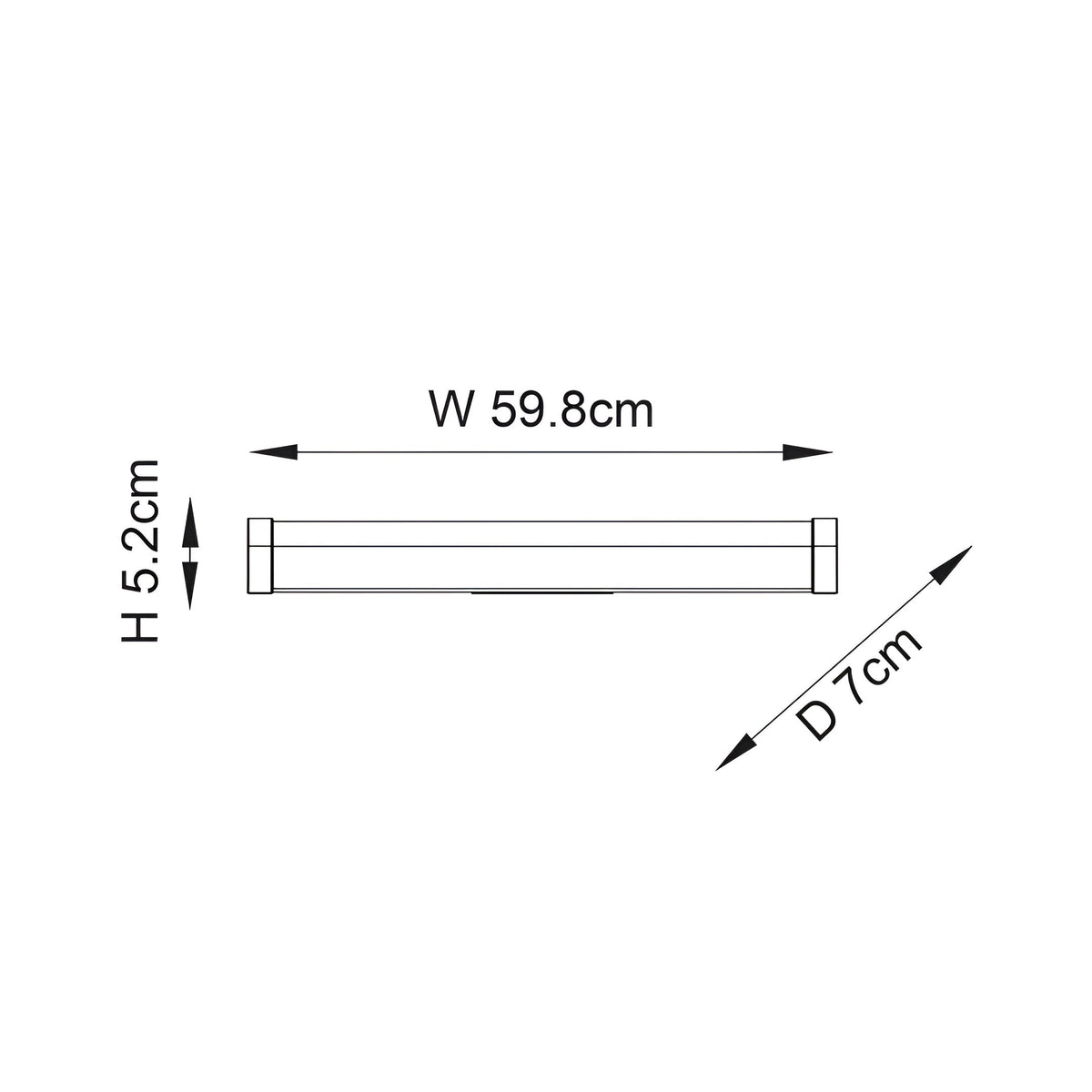 Dimensioned line drawing of the Endon Carlshaw LED large bathroom wall light, showing width 59.8cm, height 5.2cm and depth 7cm.
