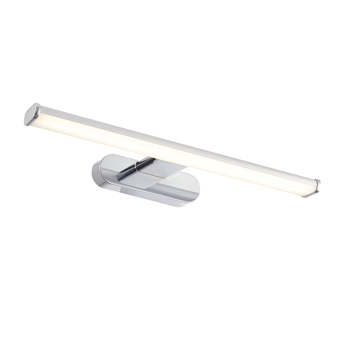 Carlshaw LED bathroom wall light with a slim chrome bracket and long frosted white diffuser bar, shown angled on a plain white background.