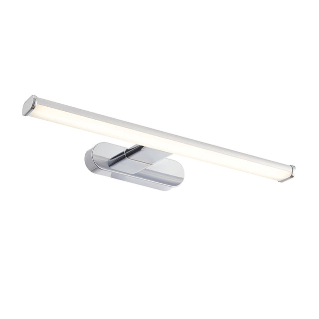 Carlshaw LED bathroom wall light with a slim chrome bracket and long frosted white diffuser bar, shown angled on a plain white background.