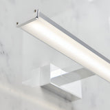 Endon Aldshaw LED bathroom wall light in chrome, close-up of the slim frosted diffuser bar and square wall bracket mounted on a marble wall.