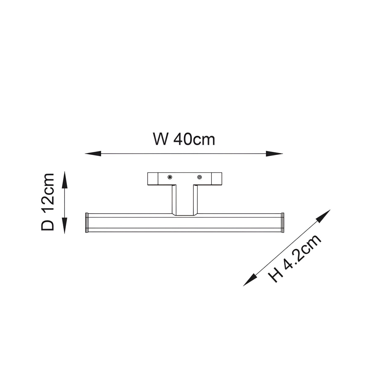 Dimension diagram of the Endon Aldshaw LED bathroom wall light showing 40cm width, 12cm depth, and 4.2cm height on a white background.