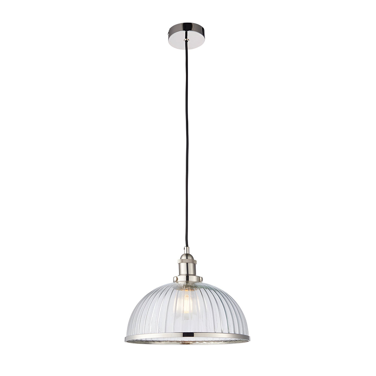 Wentworth Pendant Light in nickel with ribbed clear glass dome shade, knurled lamp holder detail, and black cord ceiling rose.