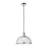 Wentworth Pendant Light in nickel with ribbed clear glass dome shade, knurled lamp holder detail, and black cord ceiling rose.
