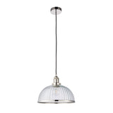 Wentworth Pendant Light in nickel with a ribbed clear glass dome shade, metal rim, and black cord on a round ceiling plate against a white background.