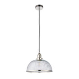 Wentworth Pendant Light in nickel with a ribbed clear glass dome shade, metal rim and ceiling rose, on a black cord against a white background.