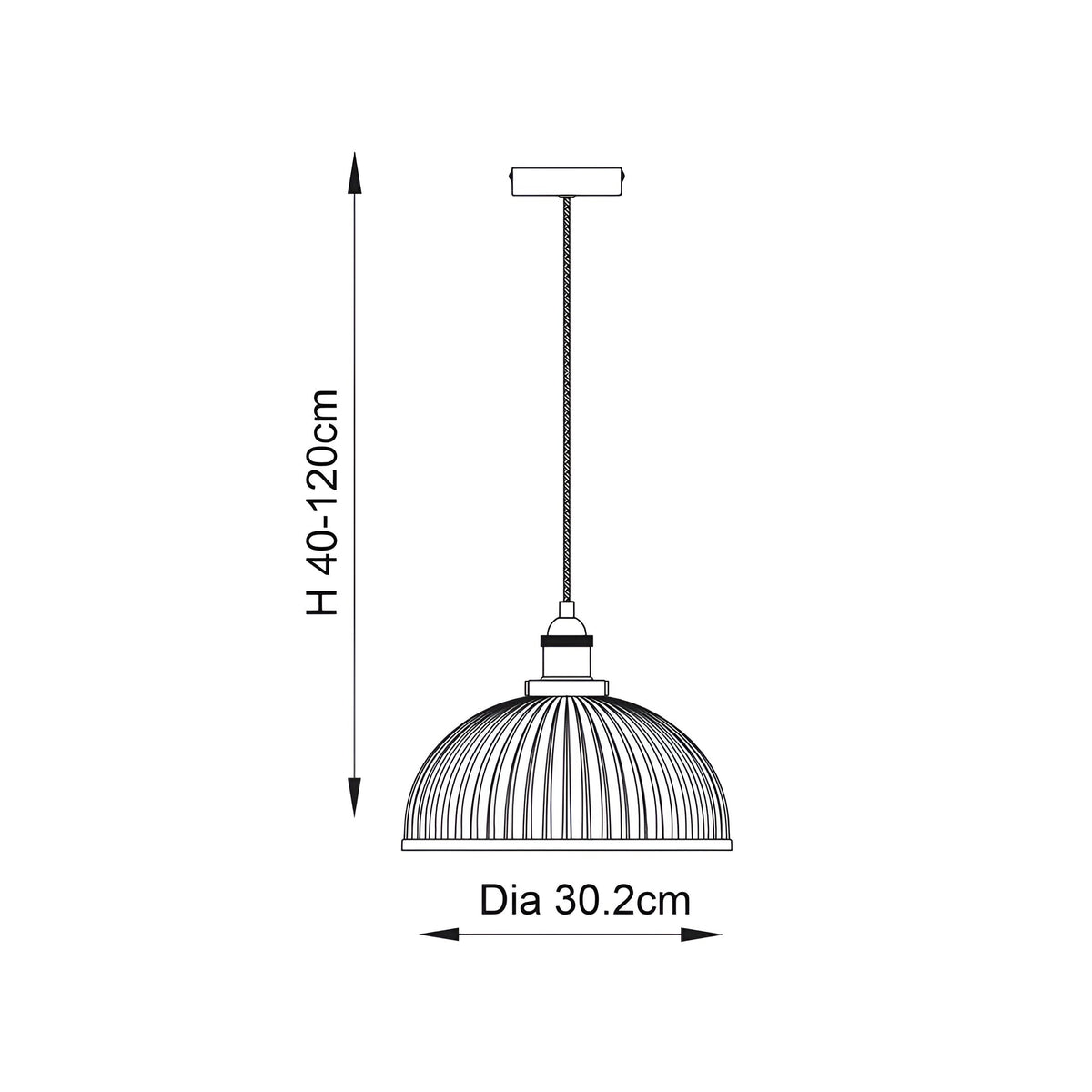 Technical line drawing of the Wentworth Pendant Light in nickel, showing a ribbed dome shade on an adjustable cord, height 40-120cm, shade diameter 30.2cm.