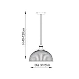 Technical line drawing of the Wentworth Pendant Light in nickel, showing a ribbed dome shade on an adjustable cord, height 40-120cm, shade diameter 30.2cm.