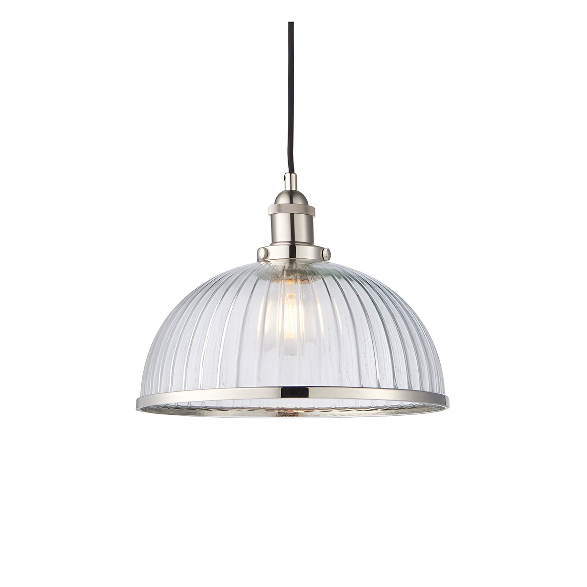 Wentworth Pendant Light in nickel with a ribbed clear glass dome shade, metal rim, and black flex cord on a plain white background.