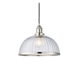 Wentworth Pendant Light in nickel with a ribbed clear glass dome shade, metal rim, and black flex cord on a plain white background.