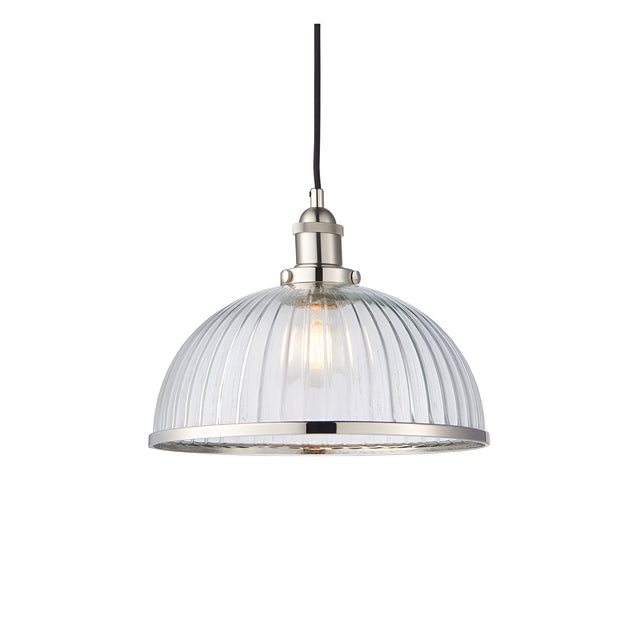 Wentworth Pendant Light in nickel with a ribbed clear glass dome shade, metal rim, and black flex cord on a plain white background.