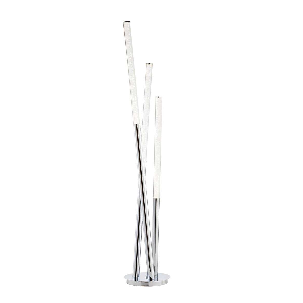 Endon Bramley three-light floor lamp with clear bubble-effect acrylic rods on a polished chrome base, shown against a plain white background.