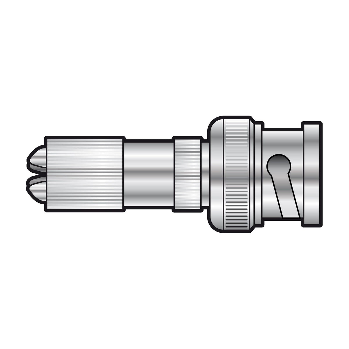 AVSL AV:Link BNC screw plug with nickel-plated body, gold centre contact pin, screw termination for 6.5mm coaxial cable and bayonet coupling, on white.