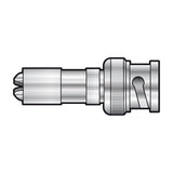 AVSL AV:Link BNC screw plug with nickel-plated body, gold centre contact pin, screw termination for 6.5mm coaxial cable and bayonet coupling, on white.