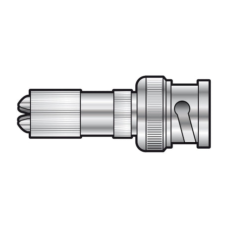 AVSL AV:Link BNC screw plug with nickel-plated body, gold centre contact pin, screw termination for 6.5mm coaxial cable and bayonet coupling, on white.