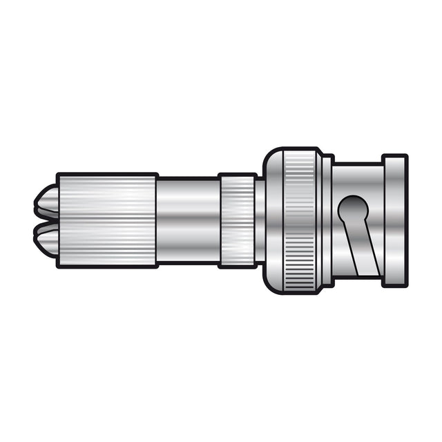 AVSL AV:Link BNC screw plug with nickel-plated body, gold centre contact pin, screw termination for 6.5mm coaxial cable and bayonet coupling, on white.