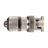 Side view of the AVSL AV:Link BNC screw plug with knurled nickel-plated body, screw-down cable termination and bayonet coupling, on a white background.