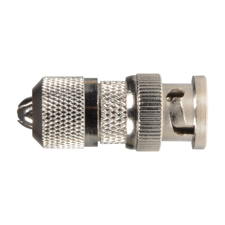 Side view of the AVSL AV:Link BNC screw plug with knurled nickel-plated body, screw-down cable termination and bayonet coupling, on a white background.