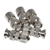 AV:Link BNC screw plugs by AVSL with nickel-plated zinc bodies, knurled grips and gold centre contact pins, five connectors arranged on a white background.