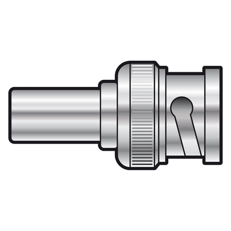 Depiction of the AV:Link BNC Plug For RG59 Cable Crimp, featuring a metallic cylindrical connector with a grooved ring and latch mechanism on a white background. The design emphasizes the locking feature and smooth, sleek surface, ideal for secure connections typical of BNC plugs used with RG59 cables.