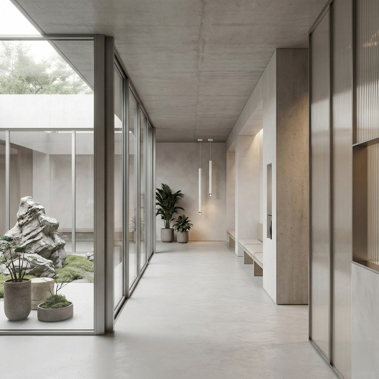 A modern minimalist hallway with concrete floors, large glass walls, potted plants, a rock garden courtyard outside, and Micro LED Pendant Light - White featuring adjustable LED lighting hanging from the ceiling.