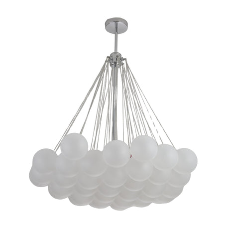 The Orb 37 Light Cluster Suspension - Silver features multiple frosted glass spheres arranged in a striking cluster, suspended from sleek white cords and a silver ceiling mount for a bold contemporary look.