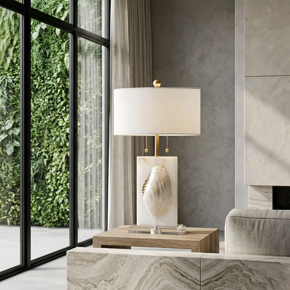 The Carved 1 Light Alabaster Table Lamp – Brass & Soft White is displayed on a wooden side table beside a beige sofa, with large windows and a lush vertical garden enhancing the bright, modern living space.