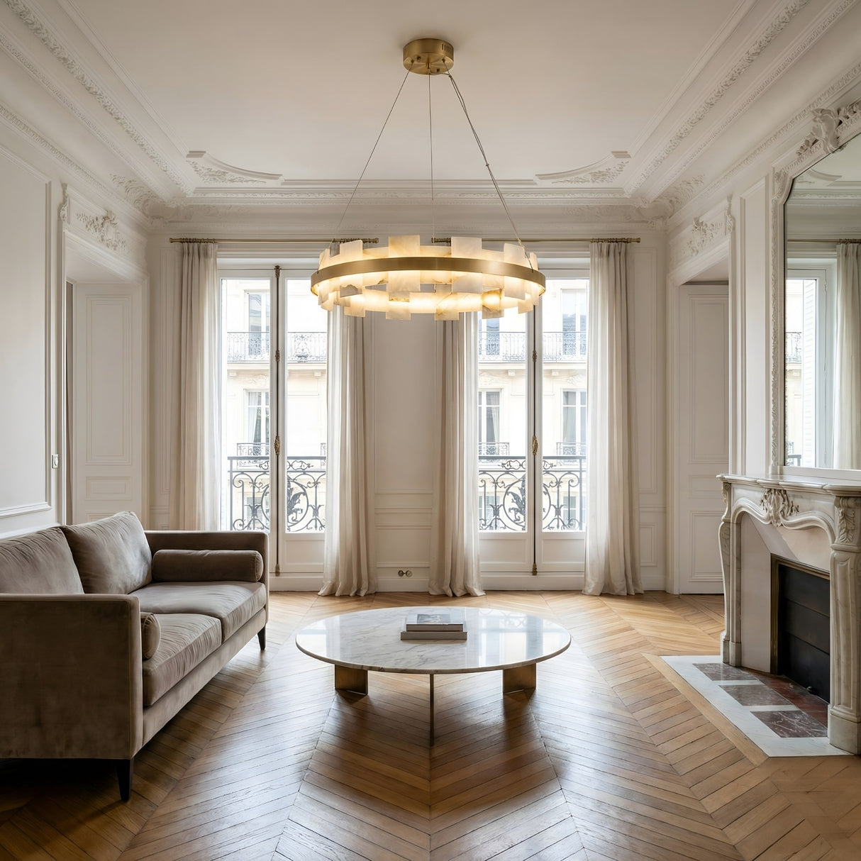 Elegant living room with a beige sofa, round marble coffee table, herringbone wood floor, ornate fireplace, tall windows with sheer curtains, and the Montyra LED Large Panelled Alabaster Chandelier in soft white & brass.