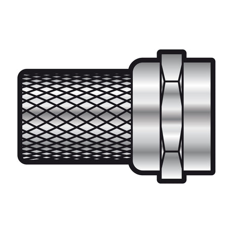 AV:Link F-type twist-on connector for 5mm RG58 coaxial cable, nickel-plated metal body with knurled grip and hexagonal threaded collar, on white.